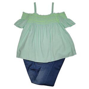 Cat & Jack Bootcut Jeans Medium Wash Mint Green Off-Shoulder Smocked Top Boho